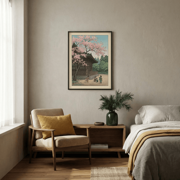 Full composition poster print showing temple left, children center, forest background