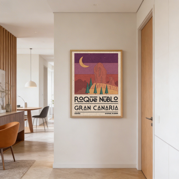 Illustrated landscape wall art print with Roque Nublo rock and banded horizon