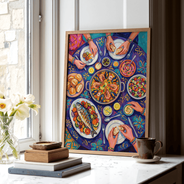 Mediterranean banquet Food Art Print with purple accents for kitchen decor