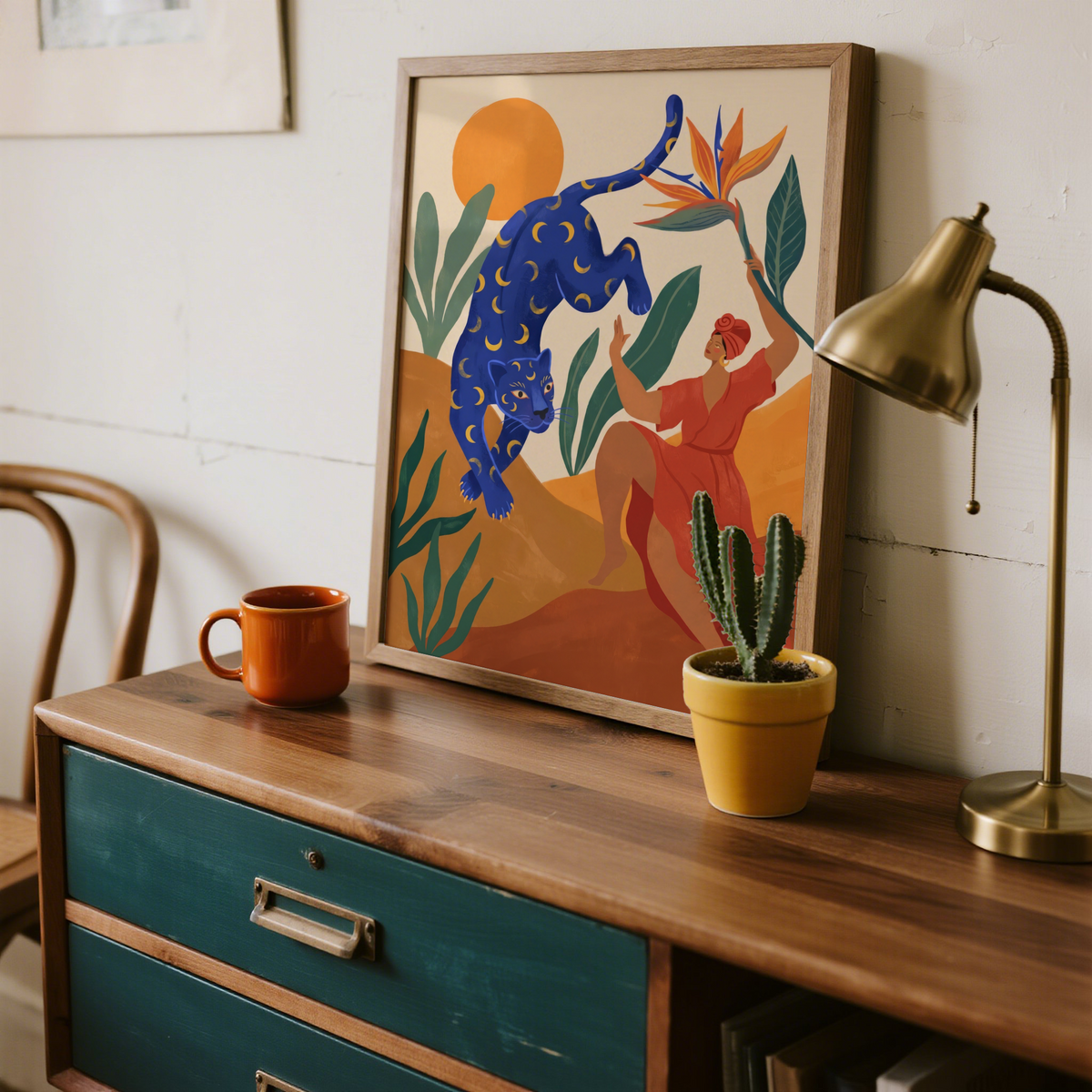 Illustrated leopard wall art print with crescent shapes, large sun circle, and tropical foliage
