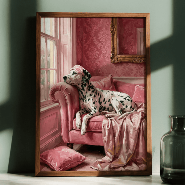 Dalmatian Art Print featuring Pink, White, Black for chic lounge poster
