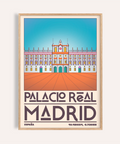 Front view Spanish Landmark Poster of Palacio Real Madrid wall art with symmetrical palace illustration and large PALACIO REAL MADRID text