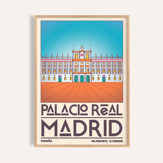 Front view Spanish Landmark Poster of Palacio Real Madrid wall art with symmetrical palace illustration and large PALACIO REAL MADRID text