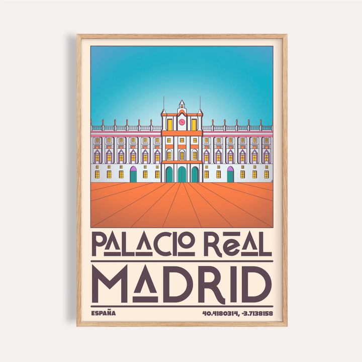 Front view Spanish Landmark Poster of Palacio Real Madrid wall art with symmetrical palace illustration and large PALACIO REAL MADRID text