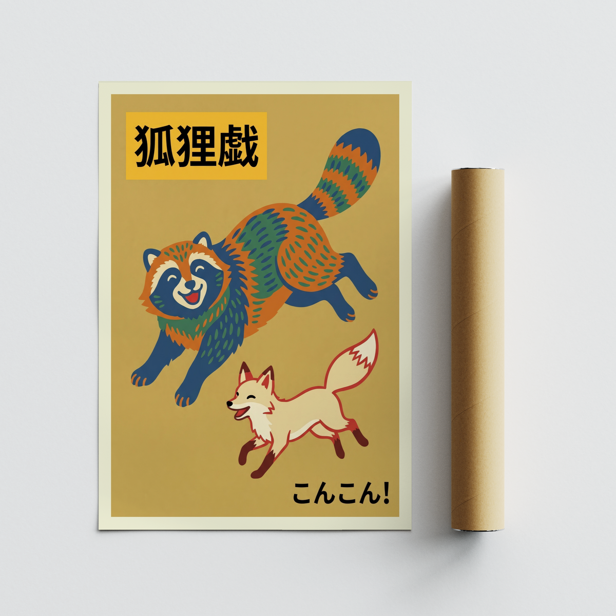 Raccoon Wildlife Art Print wall art featuring raccoon and fox in graphic style