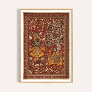 Ornate Indian Folk Art Print poster with flute-playing figure, tree, birds, and deer
