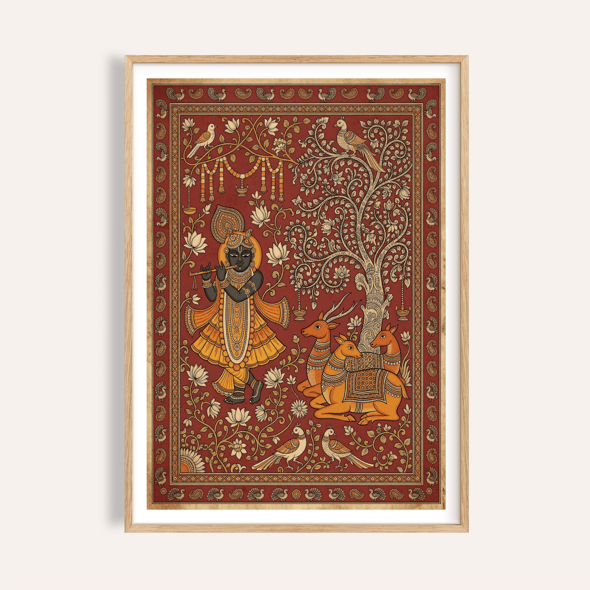 Ornate Indian Folk Art Print poster with flute-playing figure, tree, birds, and deer