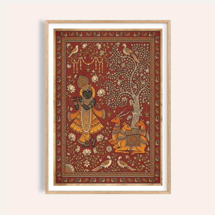 Ornate Indian Folk Art Print poster with flute-playing figure, tree, birds, and deer