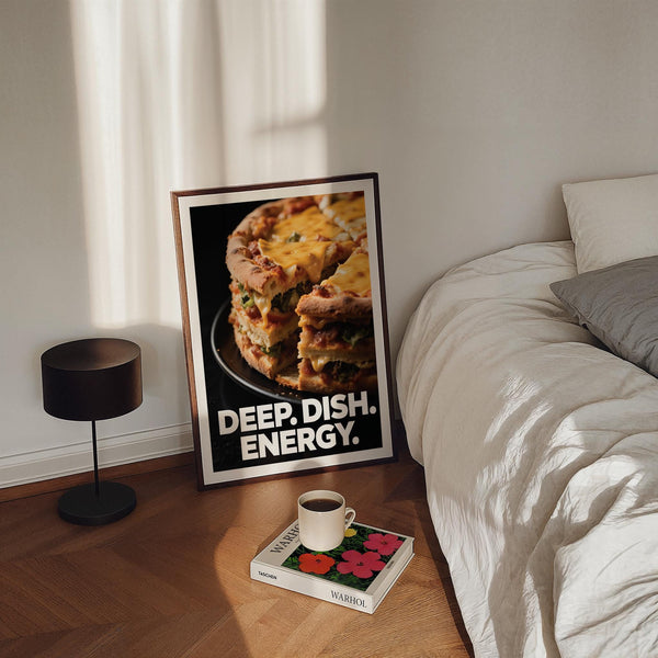 Foodie gift idea captured in a vibrant wall art print of deep dish pizza with melted cheese.