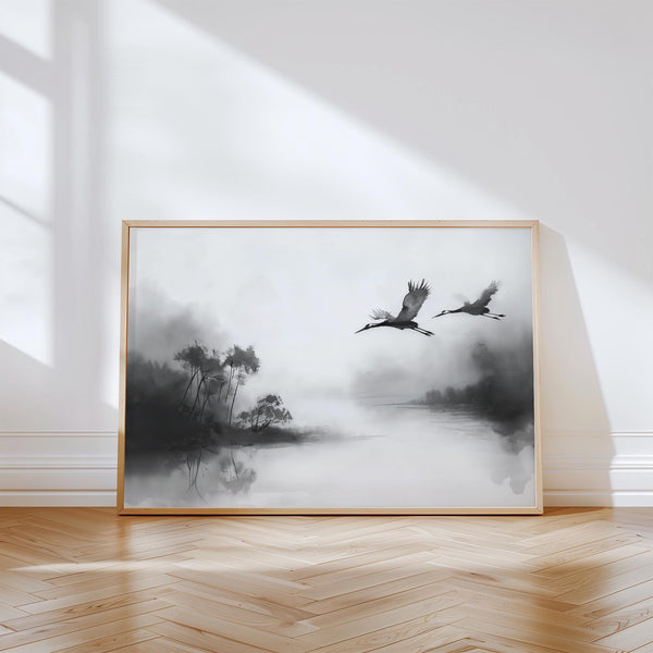 Japanese cranes flying art with two birds above a misty lake in ink wash style.