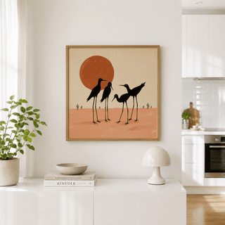 Scandinavian-style desert illustration with spindly birds and cacti