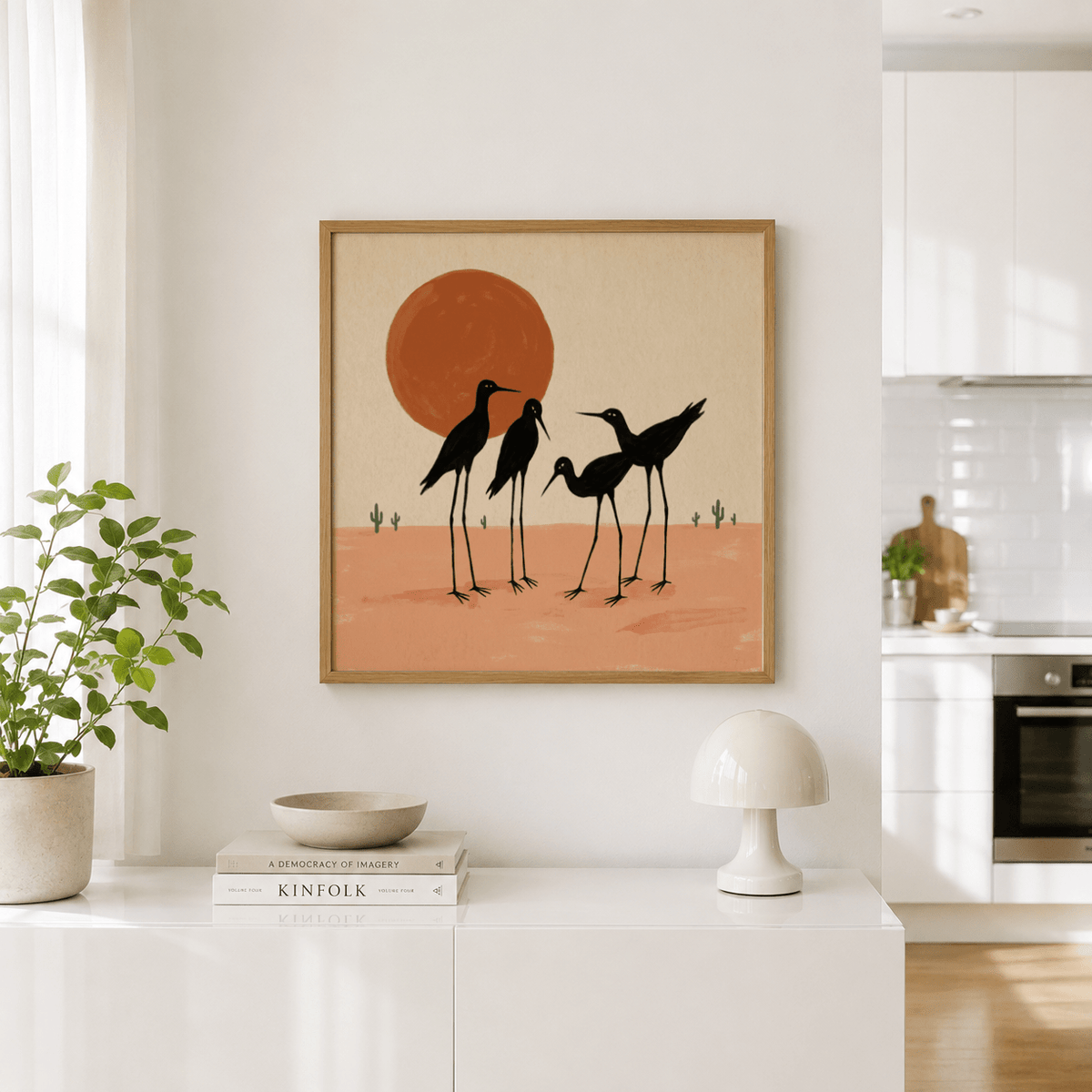 Scandinavian-style desert illustration with spindly birds and cacti