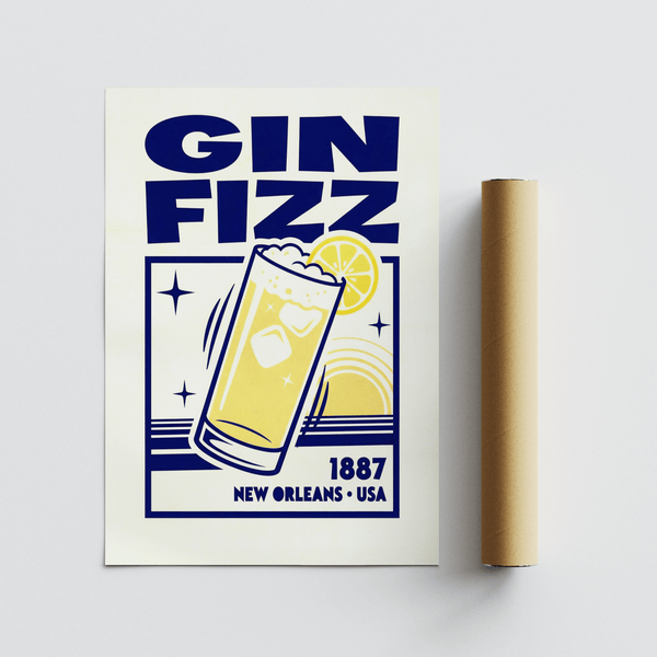 Classic Vintage Gin Fizz Print poster Blue and Yellow for hallway