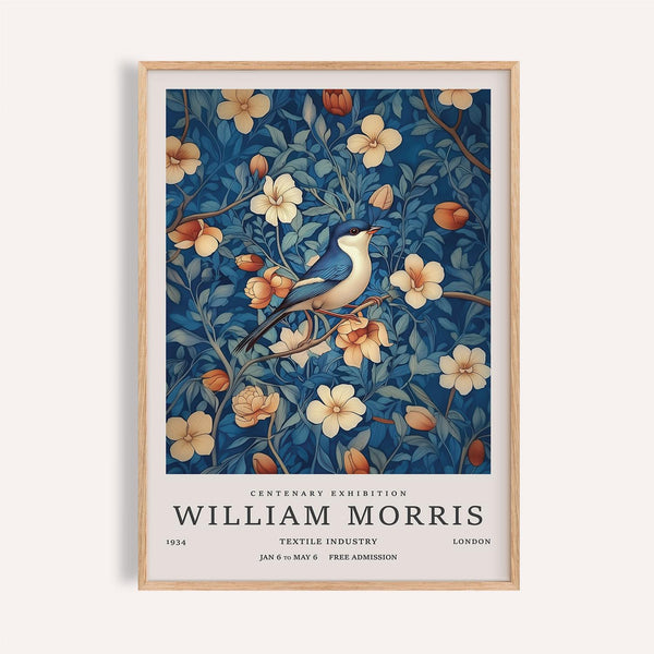 William Morris art wall decor with vivid botanicals and a bluebird in a garden scene.
