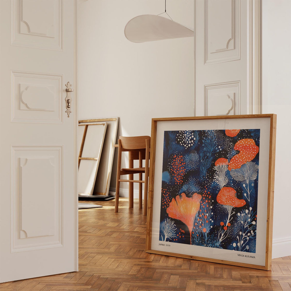 Japanese-inspired living room print with dot overlays and vivid plant forms.