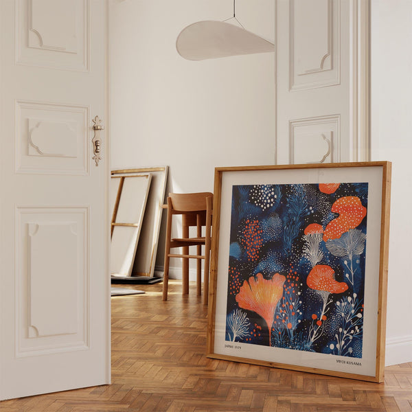 Japanese-inspired living room print with dot overlays and vivid plant forms.