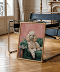 Elegant Poodle Wall Art featuring Green sofa in a chic bedroom poster