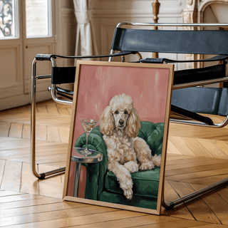 Elegant Poodle Wall Art featuring Green sofa in a chic bedroom poster