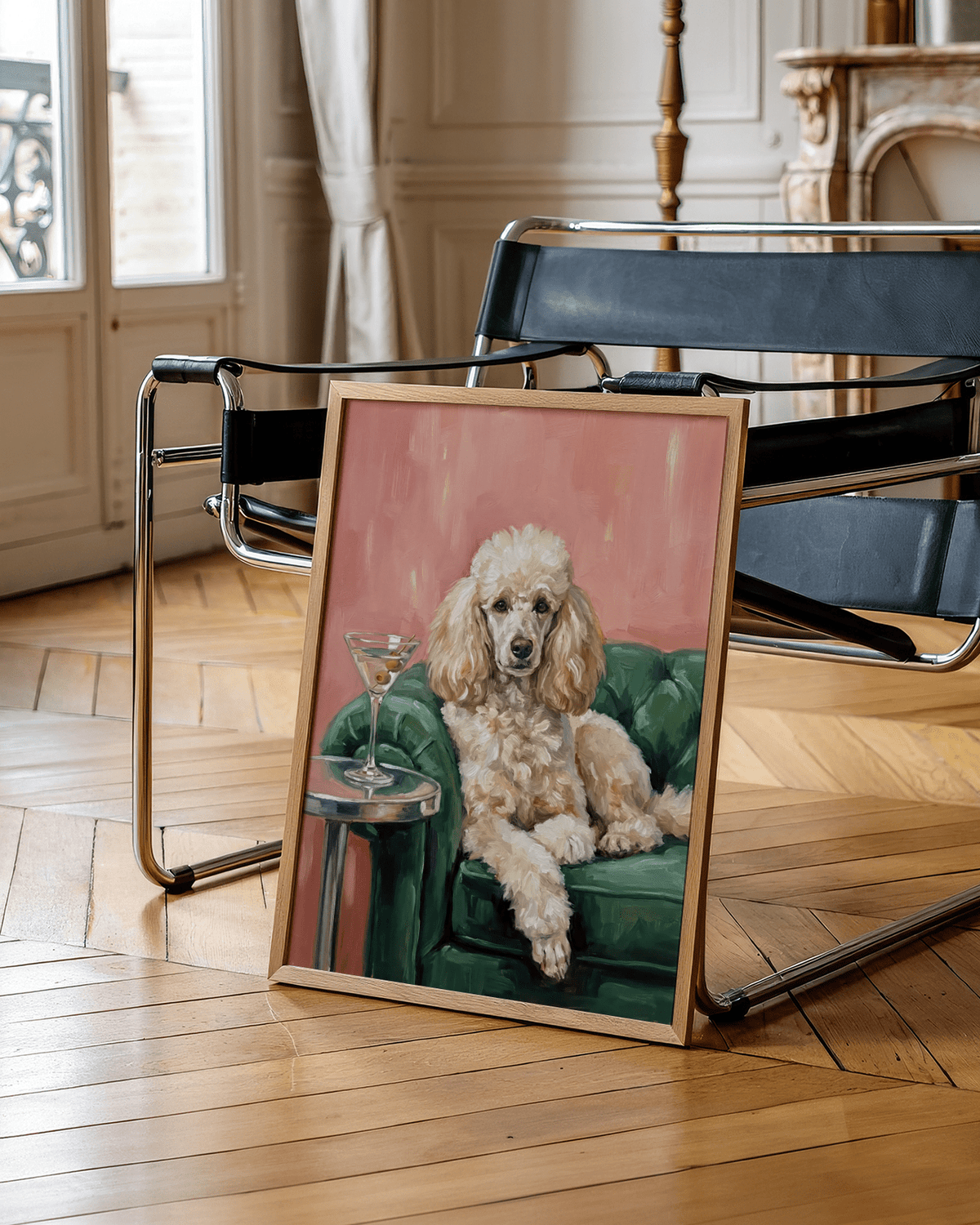Elegant Poodle Wall Art featuring Green sofa in a chic bedroom poster