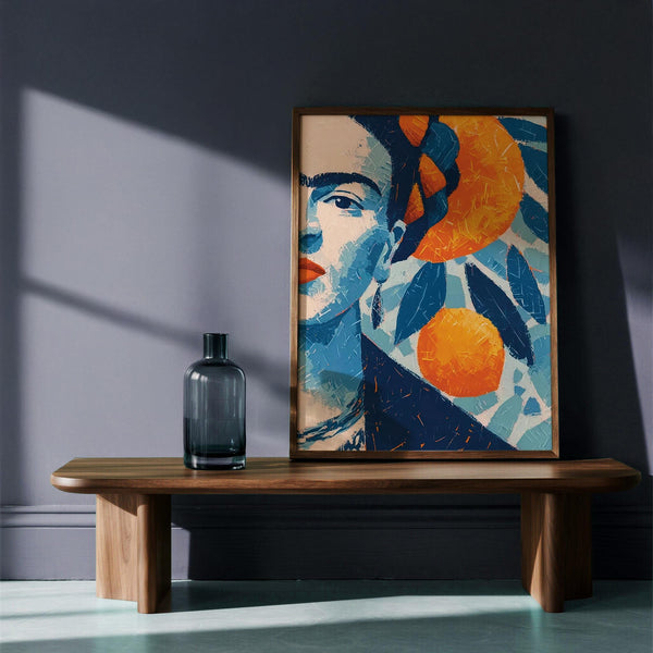 Bold Frida Kahlo Gifts print in striking orange and navy brushstrokes.