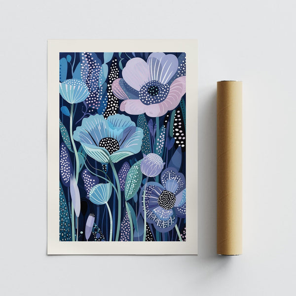 Stylized flower composition in Blue and Purple Art format for wall décor.