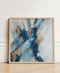 Blue Abstract Wall Art with Blue and Gold tones, enhances bedroom ambiance