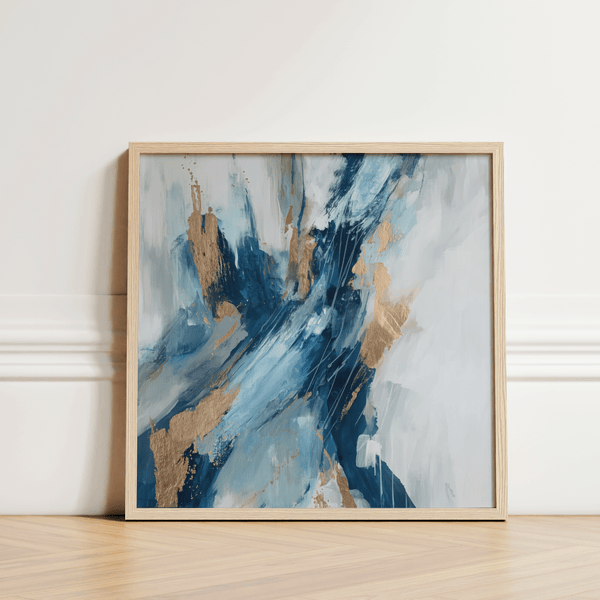 Blue Abstract Wall Art with Blue and Gold tones, enhances bedroom ambiance
