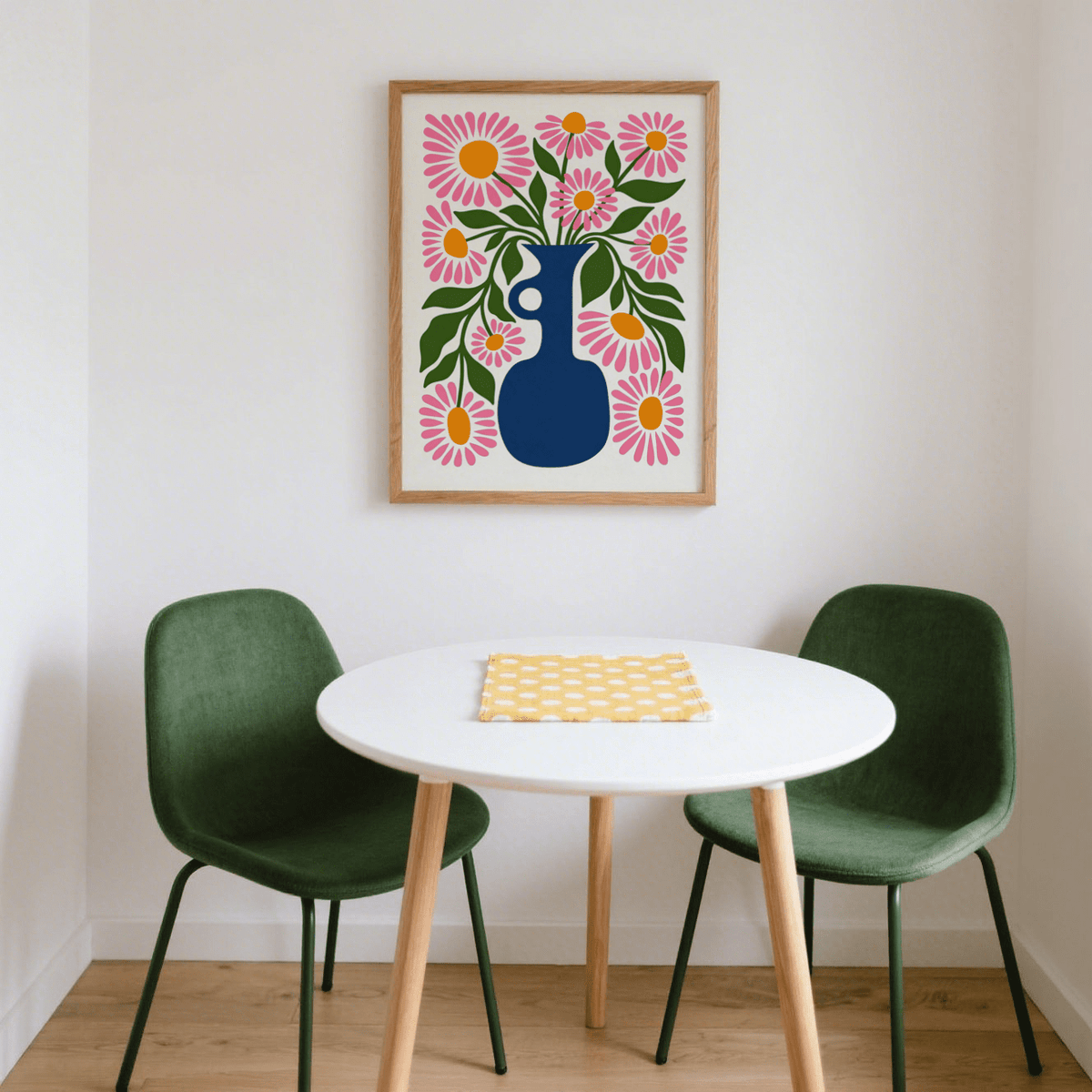 Flower Vase Print for office wall art with vivid pink flowers and green foliage