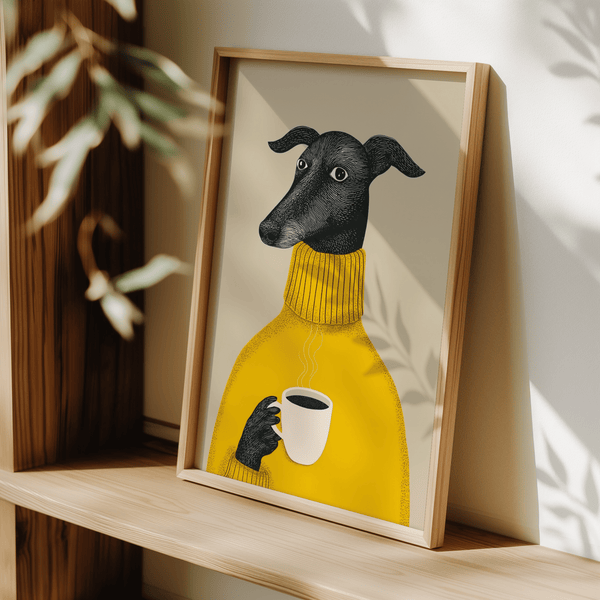 Whimsical Illustrative Dog Wall Art with yellow, black, and beige, perfect office wall art