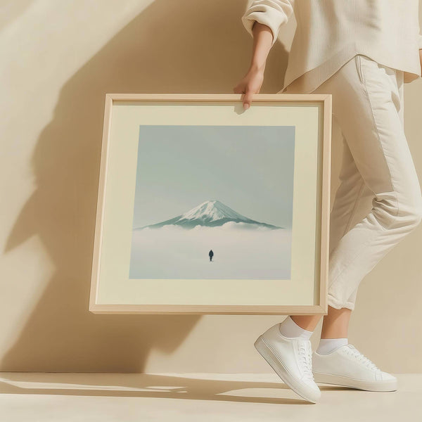 Japandi-style japan travel poster featuring Mount Fuji in subdued palette
