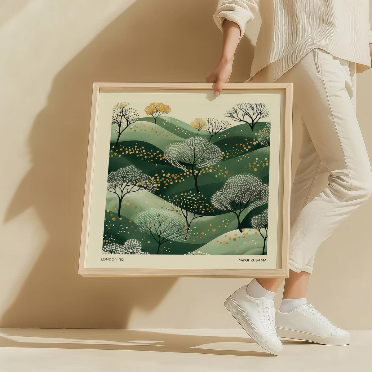 Tranquil wall art green poster with dotted hills and trees