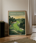 Depicts an illustrated golf poster with stream crossing the fairway and distant green