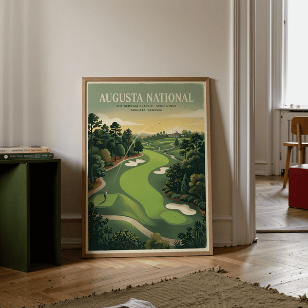 Depicts an illustrated golf poster with stream crossing the fairway and distant green