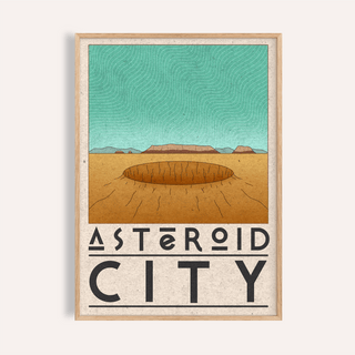 Featuring Asteroid City Poster wall art with desert crater and bold typography