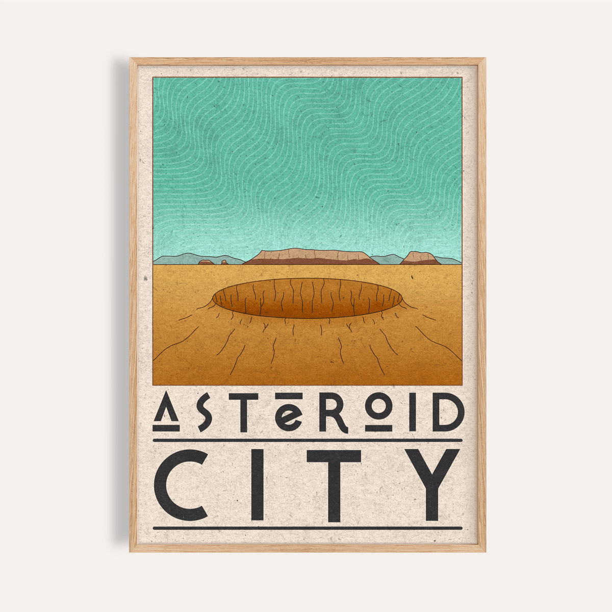 Featuring Asteroid City Poster wall art with desert crater and bold typography