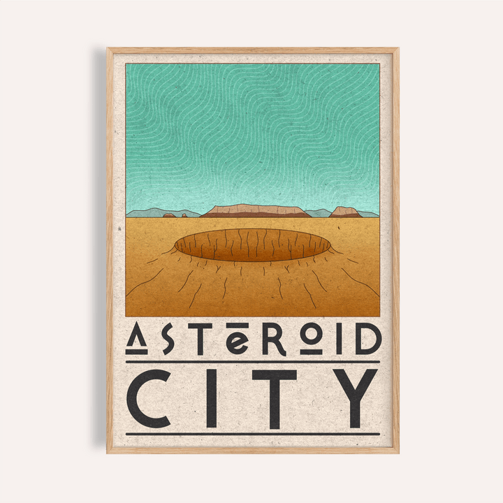 Featuring Asteroid City Poster wall art with desert crater and bold typography
