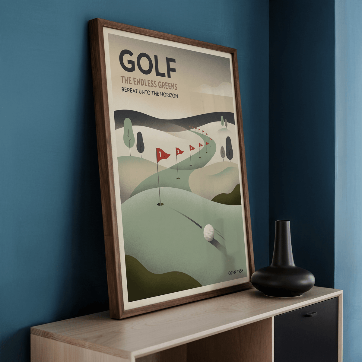 Graphic golf course print with layered hills, simplified trees, and numbered flag pins