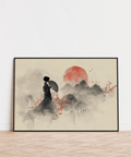 Oriental Wall Art Poster with Black silhouette and Red details for study room print