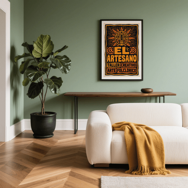 Vintage-style Folk Art Poster print with sun face, rays, and framed border