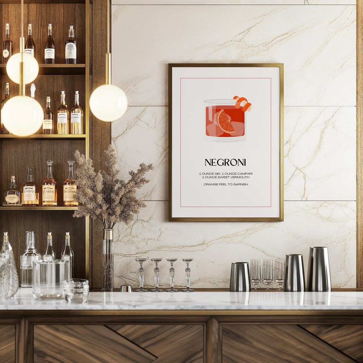 Negroni cocktail poster in refined layout with ice and orange slice.