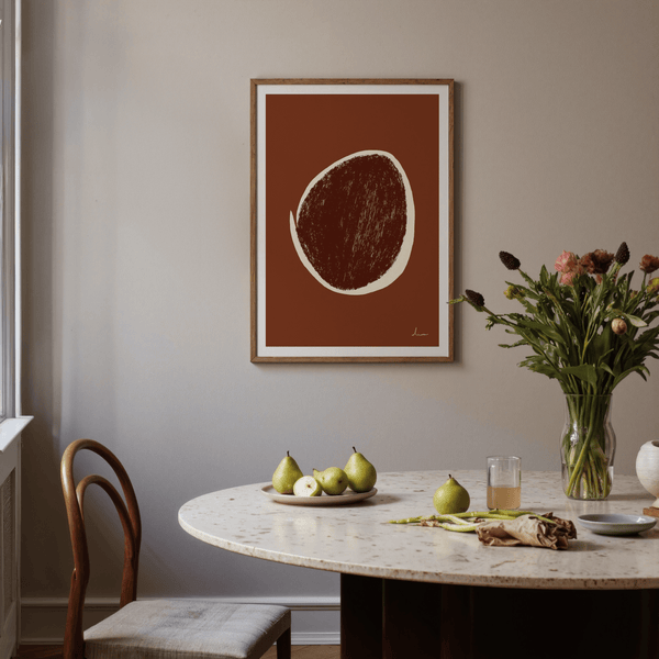 Vertical poster print with bold circle motif and small signature detail