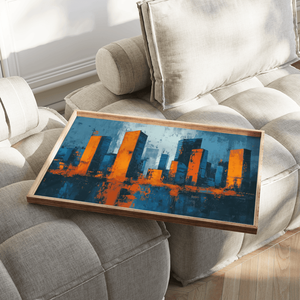 Abstract Cityscape Wall Art for living room featuring blue and orange