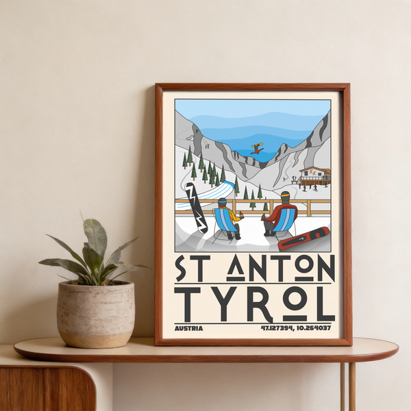 Mountain slope scene in St Anton Tyrol Art Print with lodge, trees, and skier jump