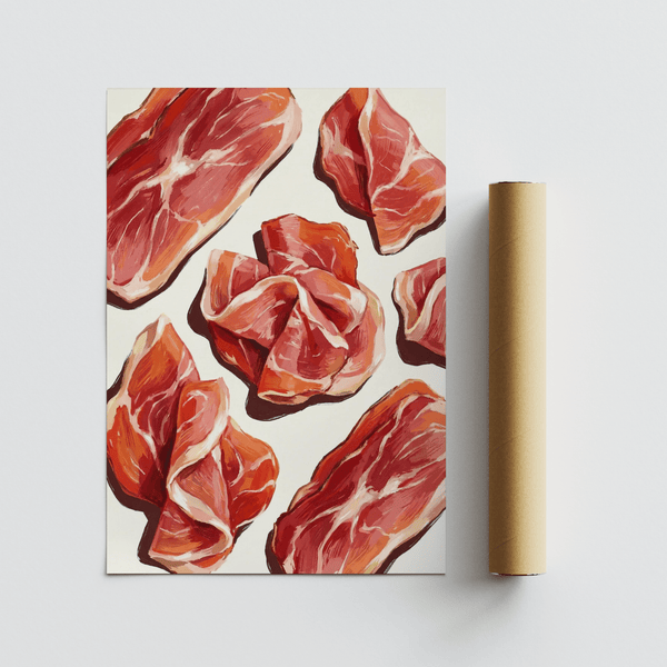 Kitchen gallery wall featuring Parma Ham Poster in red and white