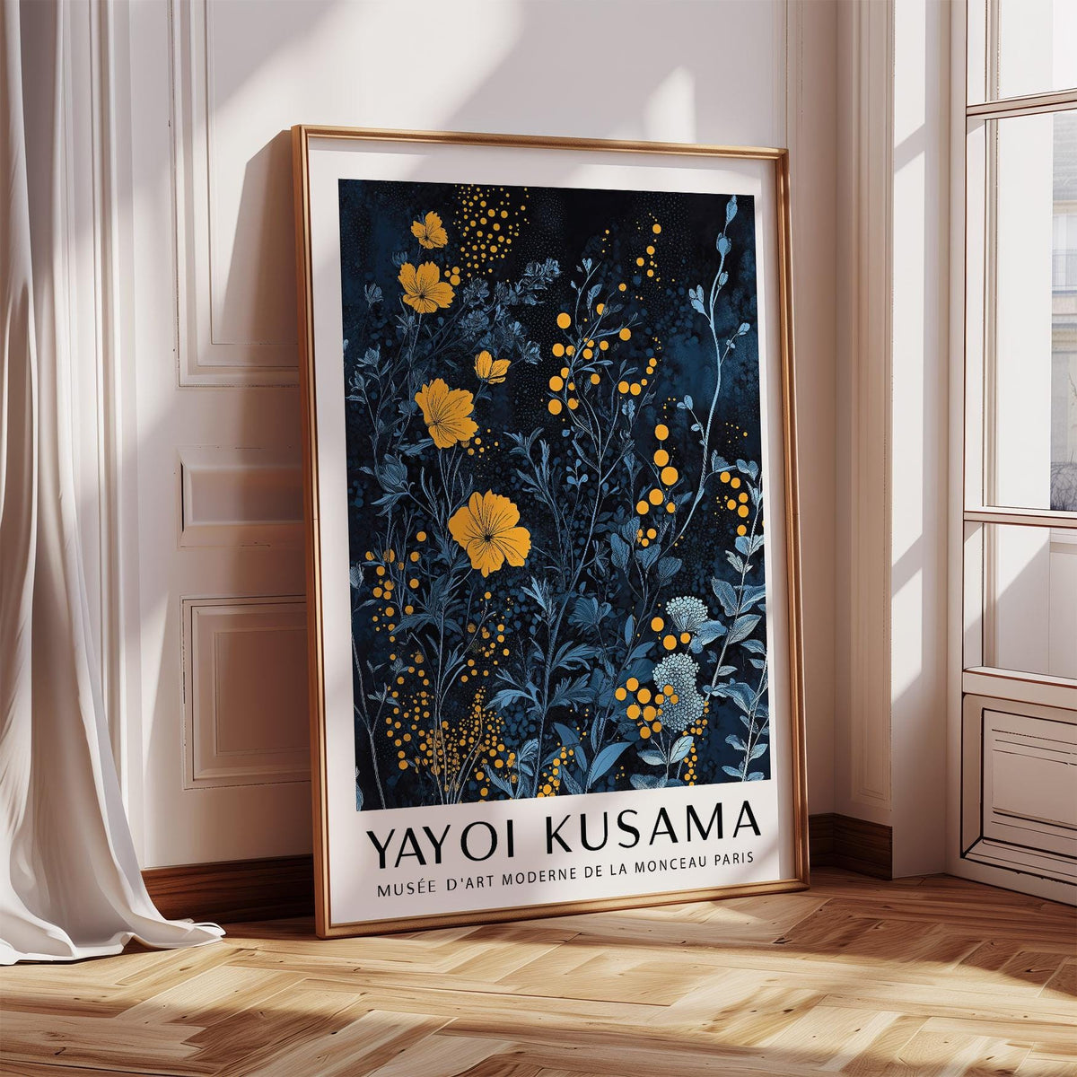 Orange and blue wall art with vibrant floral forms on a dark background