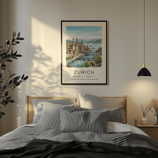 Modern living room with framed Zurich City Art Print on white wall