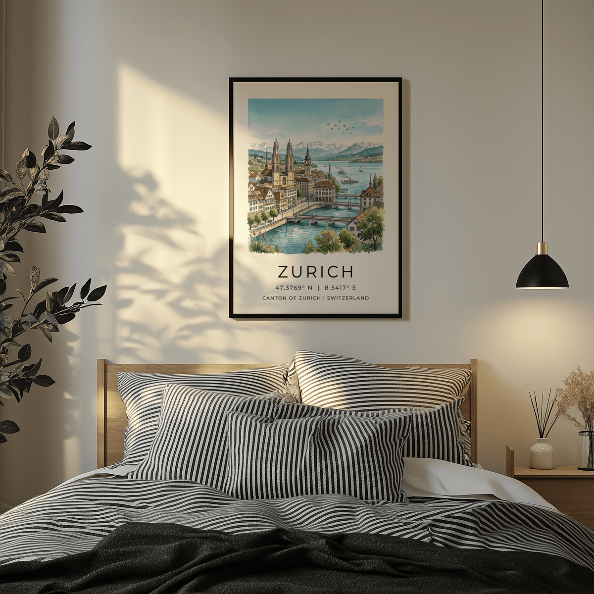 Modern living room with framed Zurich City Art Print on white wall