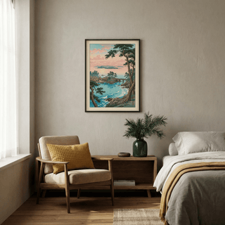 Seaside landscape poster with distant islands, gentle surf line, and trees framing the composition