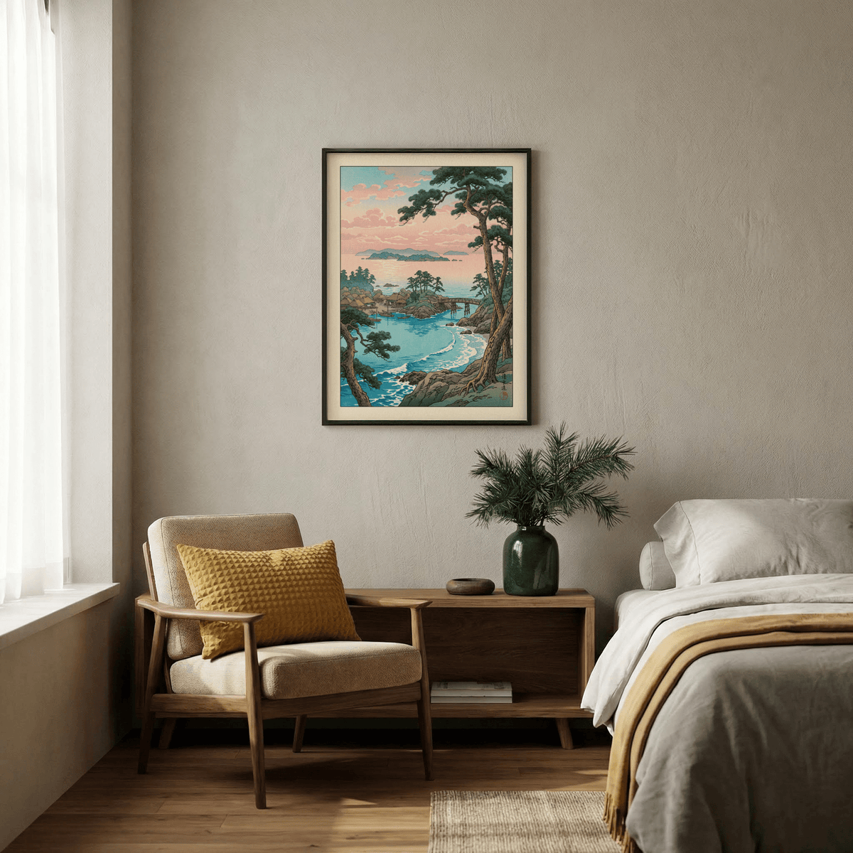 Seaside landscape poster with distant islands, gentle surf line, and trees framing the composition