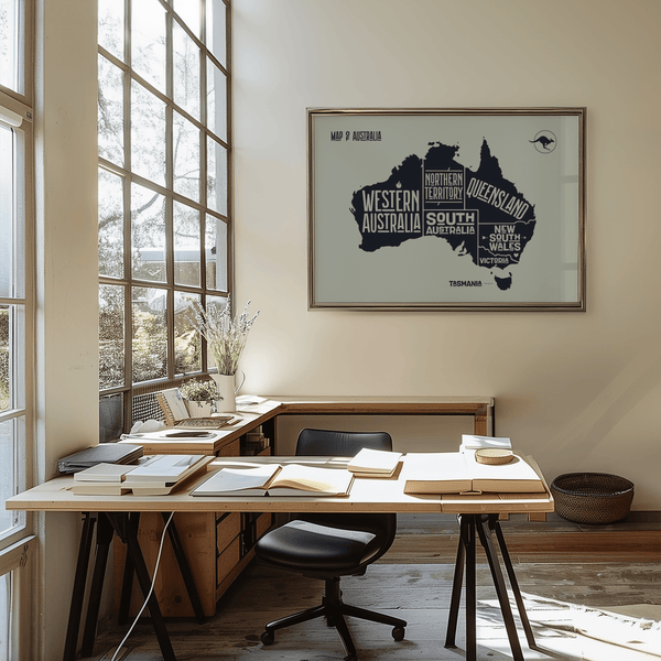 Australia Map Print featuring blue tones for bedroom wall art